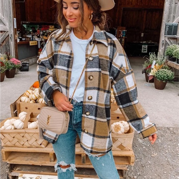 Sweaters - Plaid Button-Up shacket oversized long sleeve sweater women